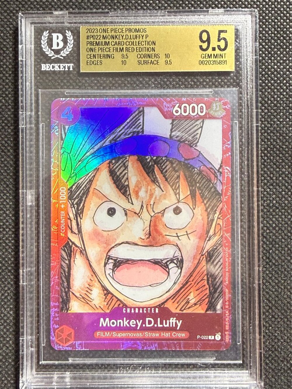 2023 ONE PIECE PREMIUM CARD COLLECTION #P-022 MONKEY D LUFFY BGS 9.5++ GEM MINT
